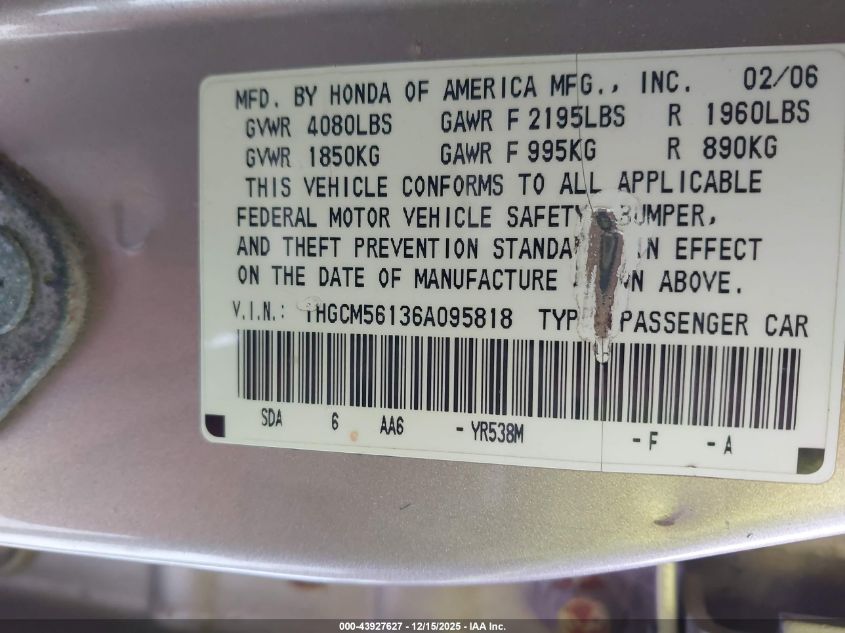 2006 Honda Accord 2.4 Vp VIN: 1HGCM56136A095818 Lot: 43927627