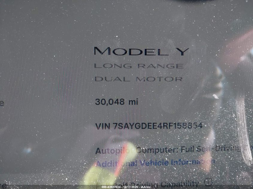 2024 Tesla Model Y Long Range Dual Motor All-Wheel Drive VIN: 7SAYGDEE4RF158854 Lot: 43927634