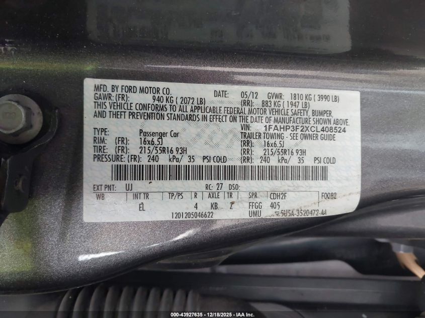 2012 Ford Focus Se VIN: 1FAHP3F2XCL408524 Lot: 43927635