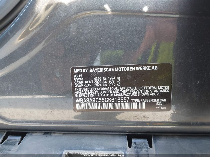 2016 BMW 320I VIN: WBA8A9C55GK616557 Lot: 43927637