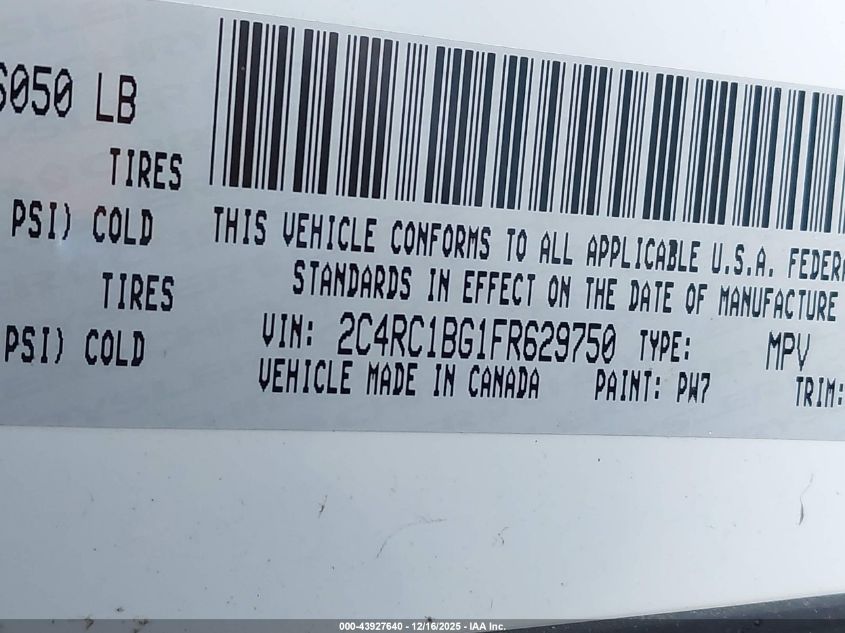 2015 Chrysler Town & Country Touring VIN: 2C4RC1BG1FR629750 Lot: 43927640