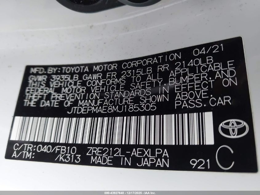 2021 Toyota Corolla Le VIN: JTDEPMAE8MJ185305 Lot: 43927648