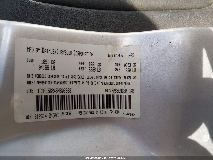 2005 Chrysler Sebring Touring VIN: 1C3EL56R45N603368 Lot: 43927649