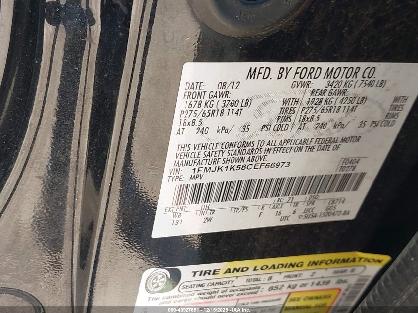 2012 Ford Expedition El Limited VIN: 1FMJK1K58CEF66973 Lot: 43927651