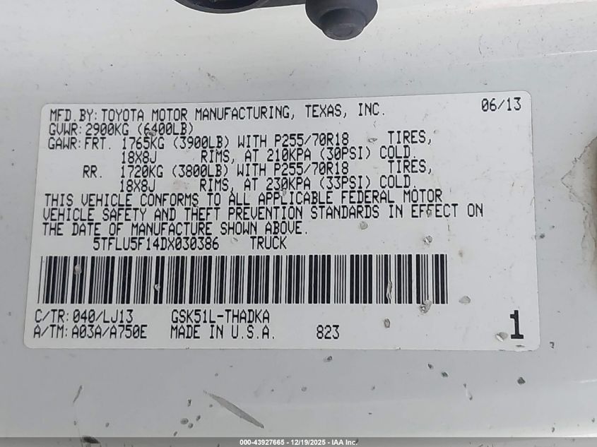 2013 Toyota Tundra Grade V6 VIN: 5TFLU5F14DX030386 Lot: 43927665
