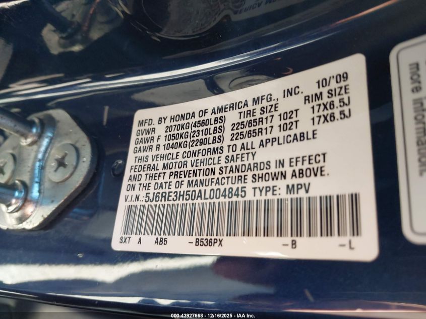 2010 Honda Cr-V Ex VIN: 5J6RE3H50AL004845 Lot: 43927668