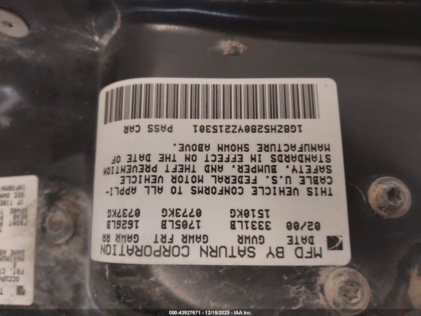 2000 Saturn Sl1 VIN: 1G8ZH5280YZ215301 Lot: 43927671