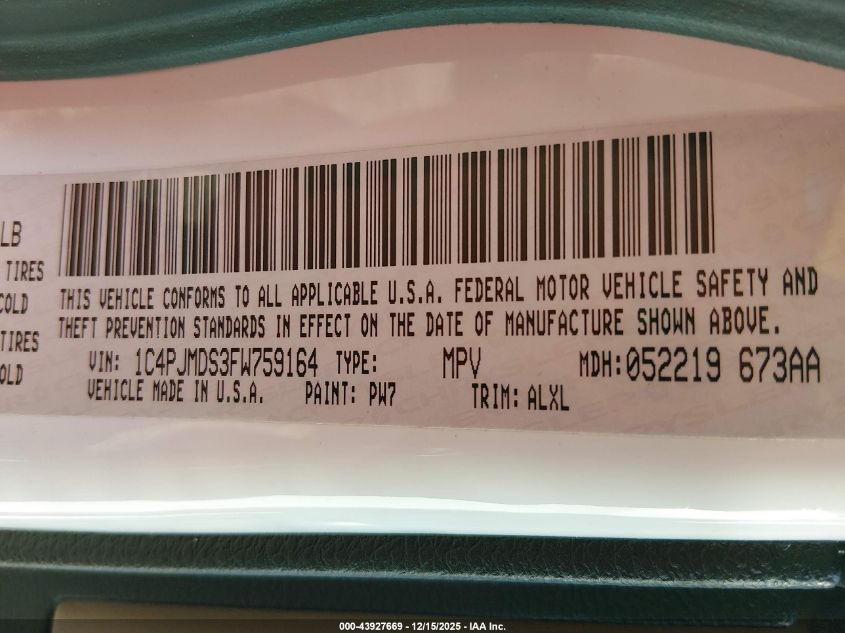 2015 Jeep Cherokee Limited VIN: 1C4PJMDS3FW759164 Lot: 43927669