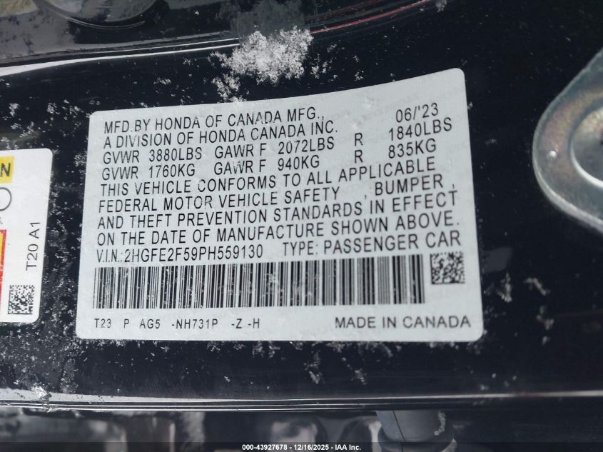 2023 Honda Civic Sport VIN: 2HGFE2F59PH559130 Lot: 43927678