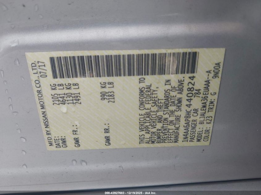 2017 Nissan Maxima 3.5 Sl VIN: 1N4AA6AP8HC440824 Lot: 43927683