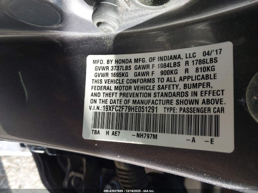 2017 Honda Civic Ex VIN: 19XFC2F79HE051291 Lot: 43927686
