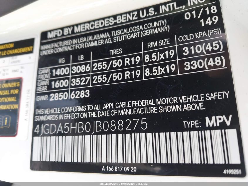 2018 Mercedes-Benz Gle 350 4Matic VIN: 4JGDA5HB0JB088275 Lot: 43927692