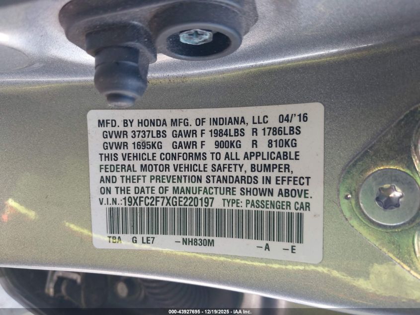 2016 Honda Civic Ex VIN: 19XFC2F7XGE220197 Lot: 43927695