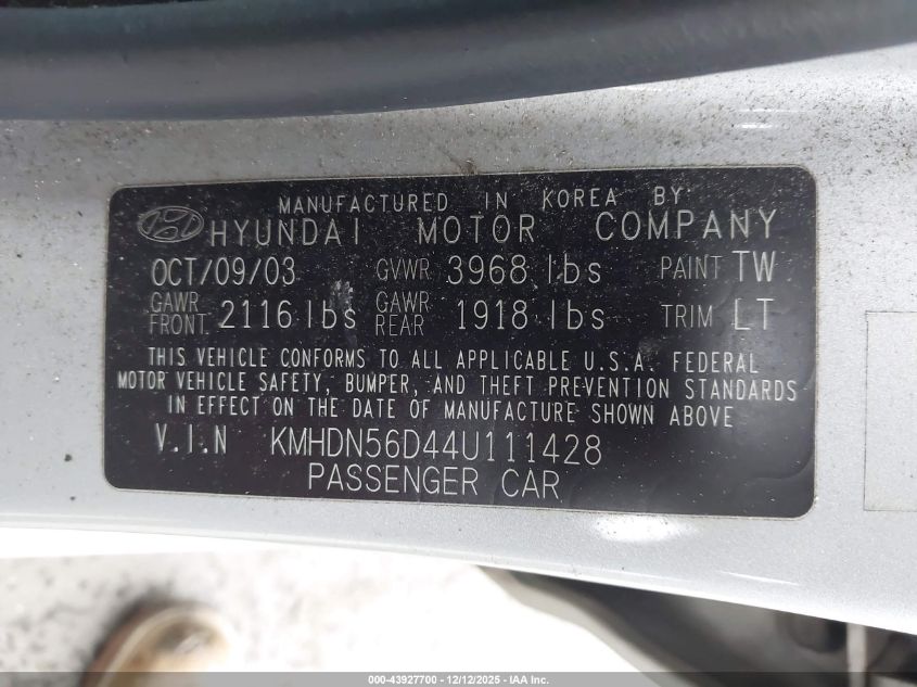 2004 Hyundai Elantra Gt VIN: KMHDN56D44U111428 Lot: 43927700
