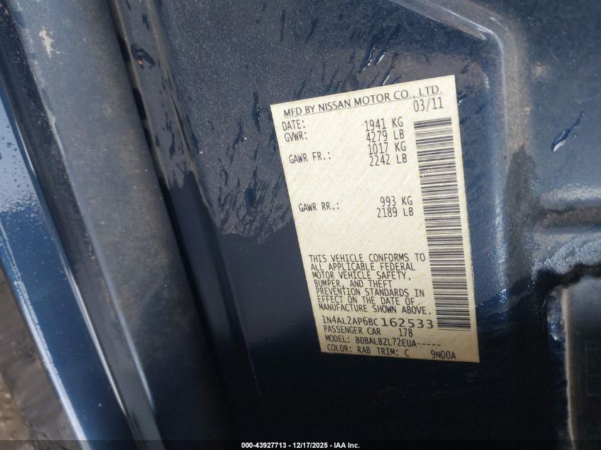 2011 Nissan Altima 2.5 S VIN: 1N4AL2AP6BC162533 Lot: 43927713