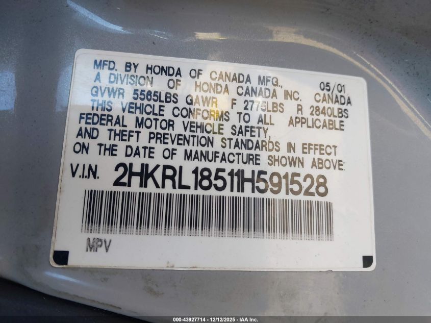 2001 Honda Odyssey Lx VIN: 2HKRL18511H591528 Lot: 43927714