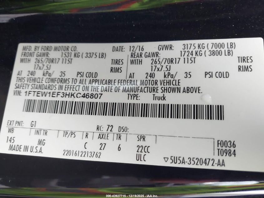 2017 Ford F-150 Xlt VIN: 1FTEW1EF3HKC46807 Lot: 43927715
