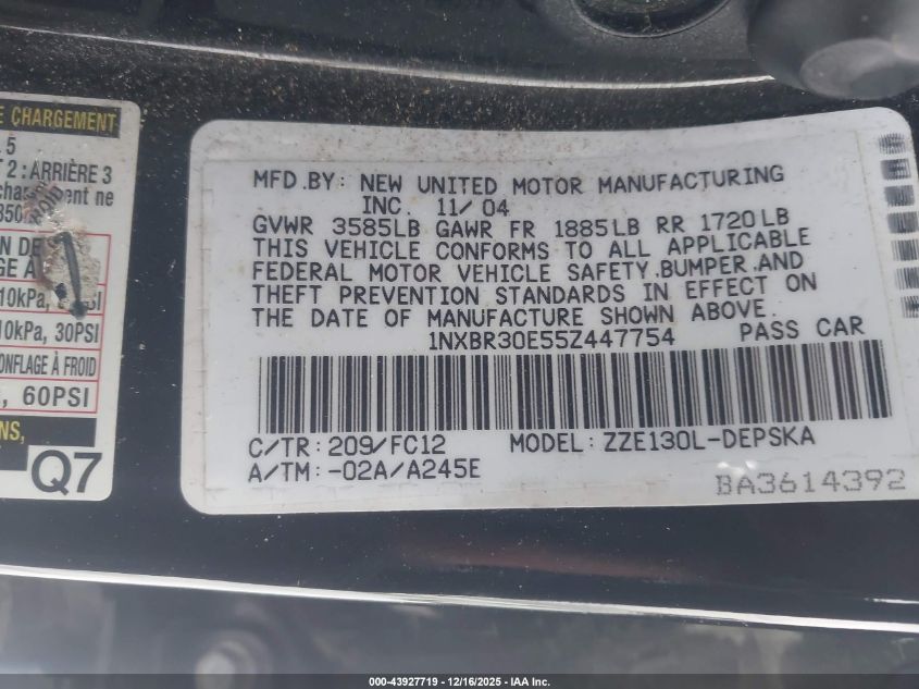 2005 Toyota Corolla S VIN: 1NXBR30E55Z447754 Lot: 43927719