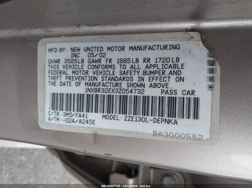 2003 Toyota Corolla Le VIN: 1NXBR32EX3Z054732 Lot: 43927723