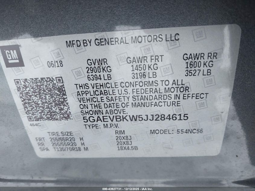 2018 Buick Enclave Premium VIN: 5GAEVBKW5JJ284615 Lot: 43927731