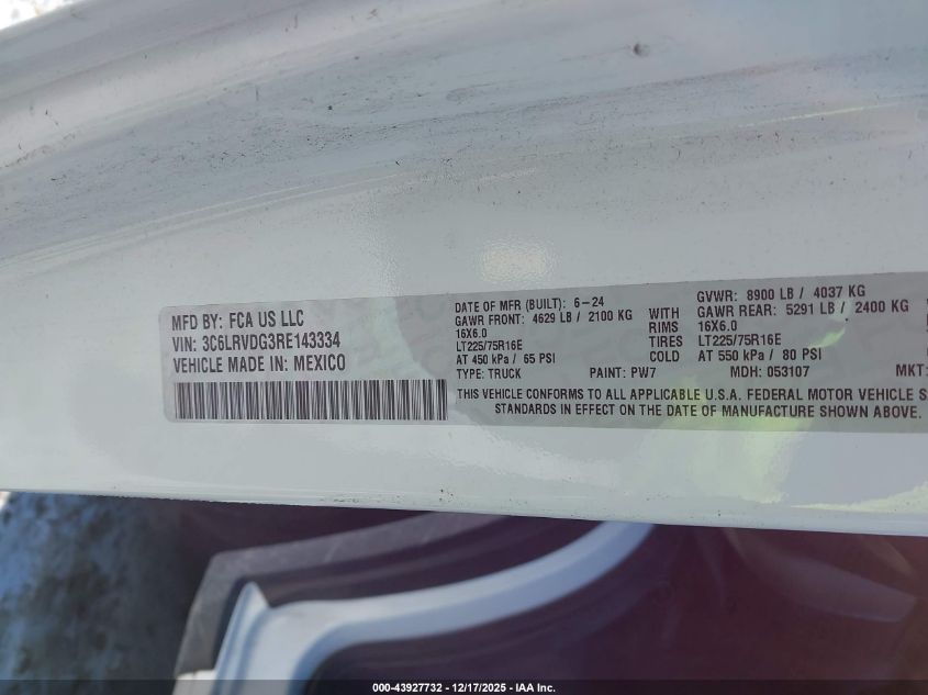 2024 Ram Promaster 2500 Tradesman High Roof 159 Wb W/Pass Seat VIN: 3C6LRVDG3RE143334 Lot: 43927732