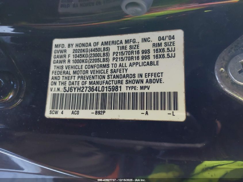 2004 Honda Element Ex VIN: 5J6YH286X4L009058 Lot: 43927737