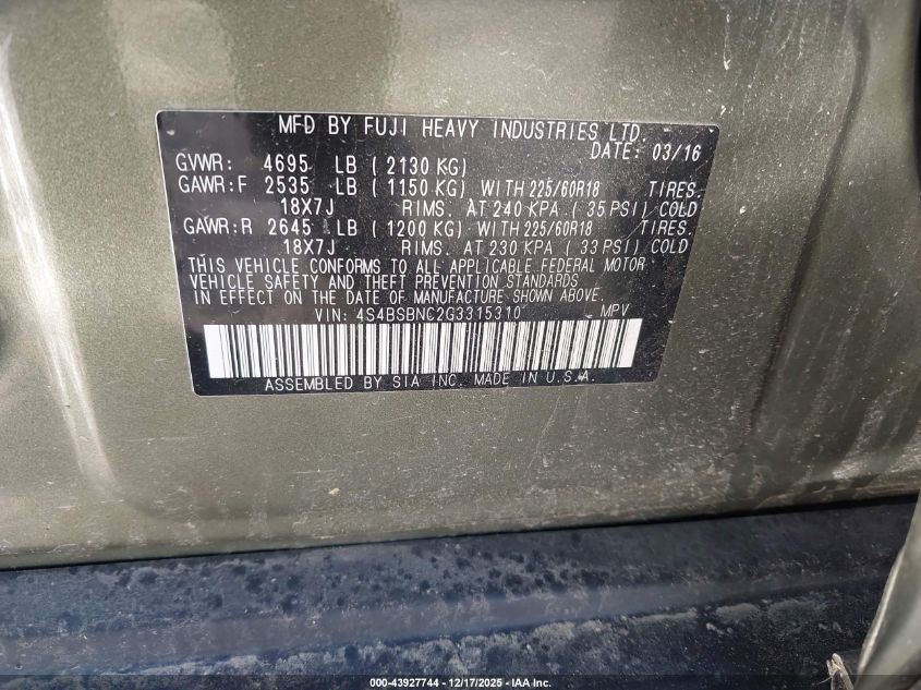 2016 Subaru Outback 2.5I Limited VIN: 4S4BSBNC2G3315310 Lot: 43927744