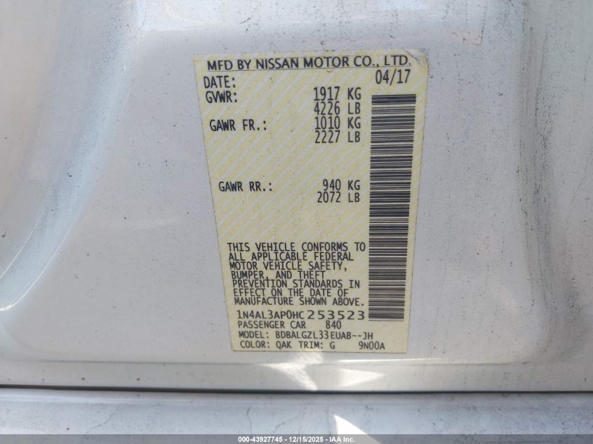 2017 Nissan Altima 2.5 S VIN: 1N4AL3AP0HC253523 Lot: 43927745