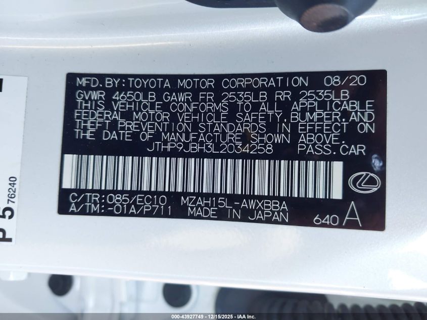 2020 Lexus Ux 250H VIN: JTHP9JBH3L2034258 Lot: 43927749