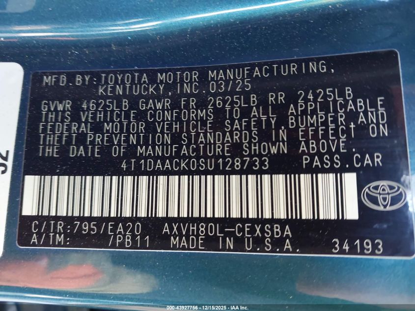 2025 Toyota Camry VIN: 4T1DAACK0SU128733 Lot: 43927756