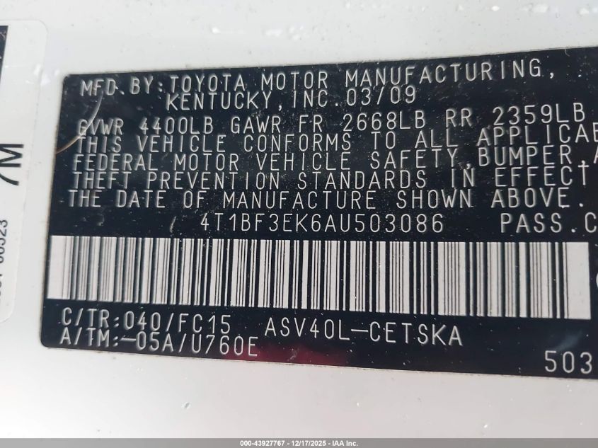 2010 Toyota Camry Se VIN: 4T1BF3EK6AU503086 Lot: 43927767