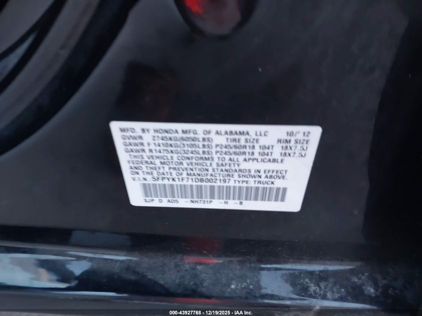 2013 Honda Ridgeline Sport VIN: 5FPYK1F71DB002197 Lot: 43927768