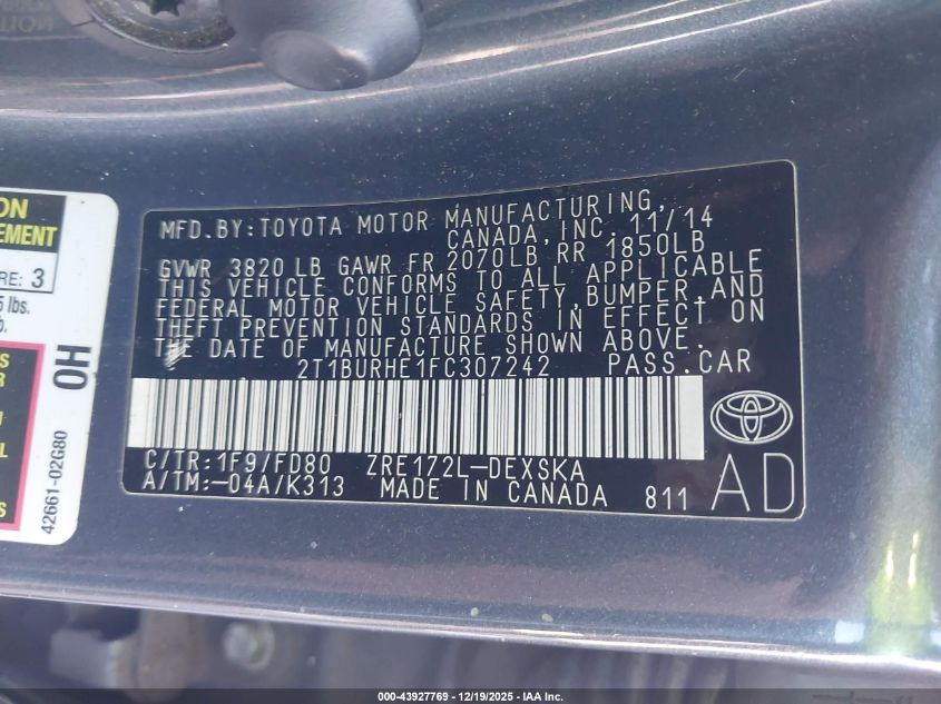 2015 Toyota Corolla S Plus VIN: 2T1BURHE1FC307242 Lot: 43927769