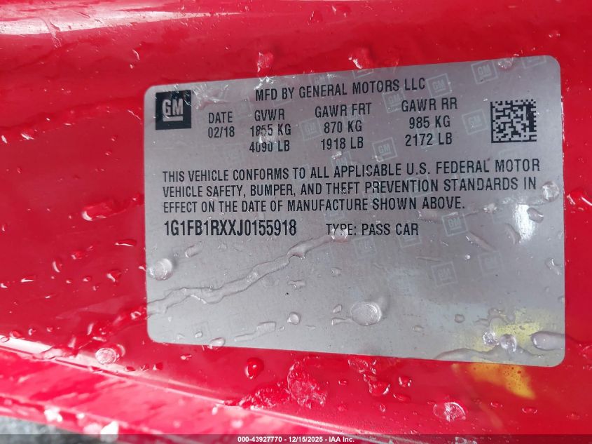 2018 Chevrolet Camaro 1Lt VIN: 1G1FB1RXXJ0155918 Lot: 43927770
