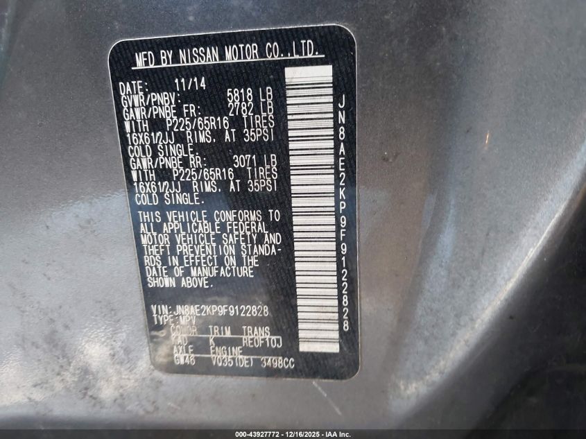 2015 Nissan Quest S VIN: JN8AE2KP9F9122828 Lot: 43927772