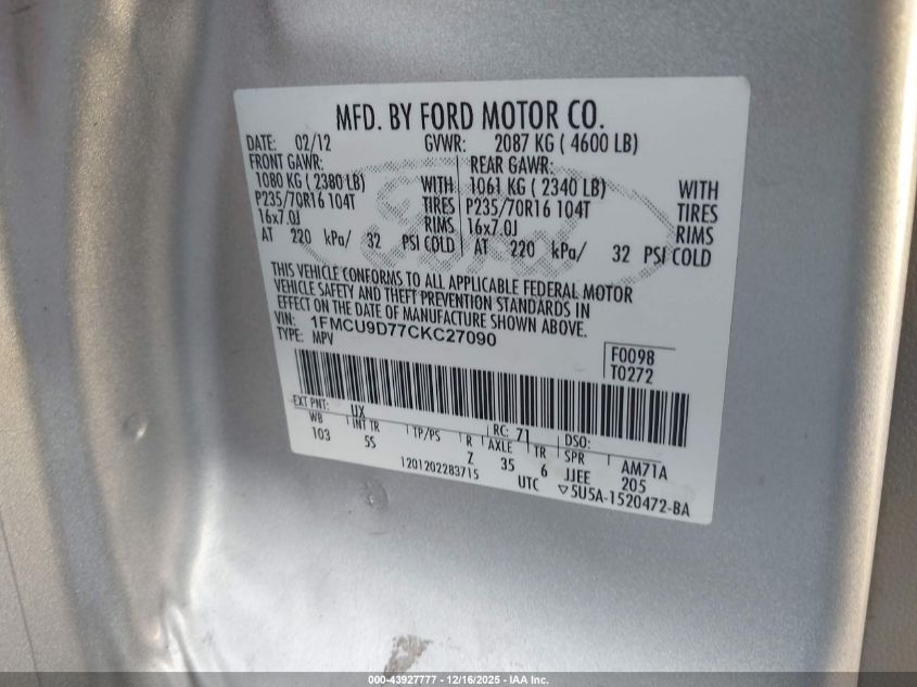 2012 Ford Escape Xlt VIN: 1FMCU9D77CKC27090 Lot: 43927777