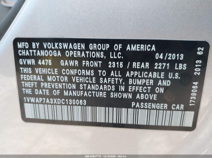 2013 Volkswagen Passat S VIN: 1VWAP7A3XDC130063 Lot: 43927778