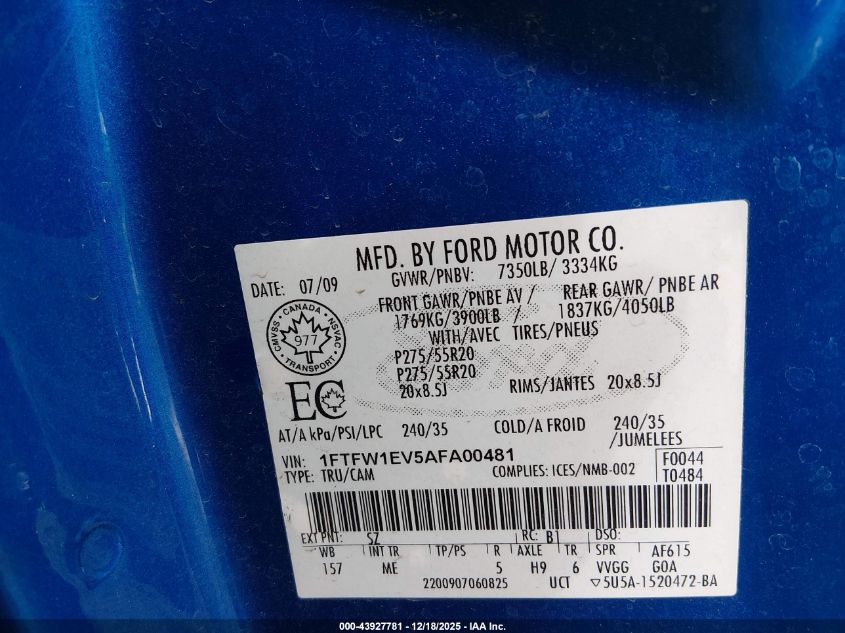 2010 Ford F-150 Fx4/Harley-Davidson/King Ranch/Lariat/Platinum/Xl/Xlt VIN: 1FTFW1EV5AFA00481 Lot: 43927781