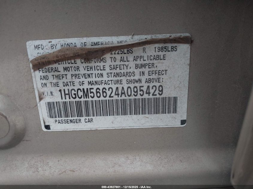 2004 Honda Accord 2.4 Ex VIN: 1HGCM56624A095429 Lot: 43927801