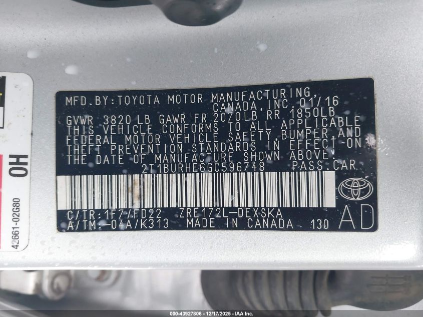 2016 Toyota Corolla S Plus VIN: 2T1BURHE6GC596748 Lot: 43927806