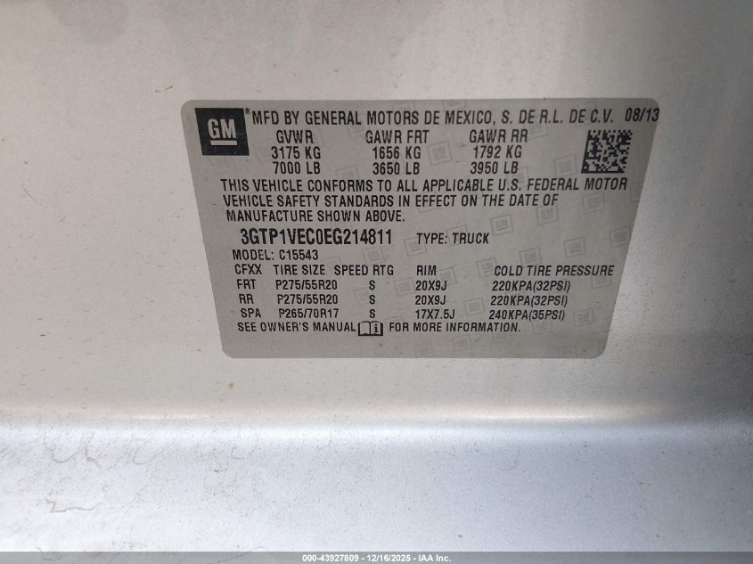 2014 GMC Sierra 1500 Slt VIN: 3GTP1VEC0EG214811 Lot: 43927809