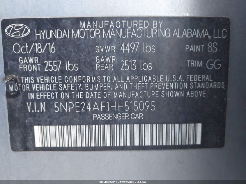 2017 Hyundai Sonata VIN: 5NPE24AF1HH515095 Lot: 43927813