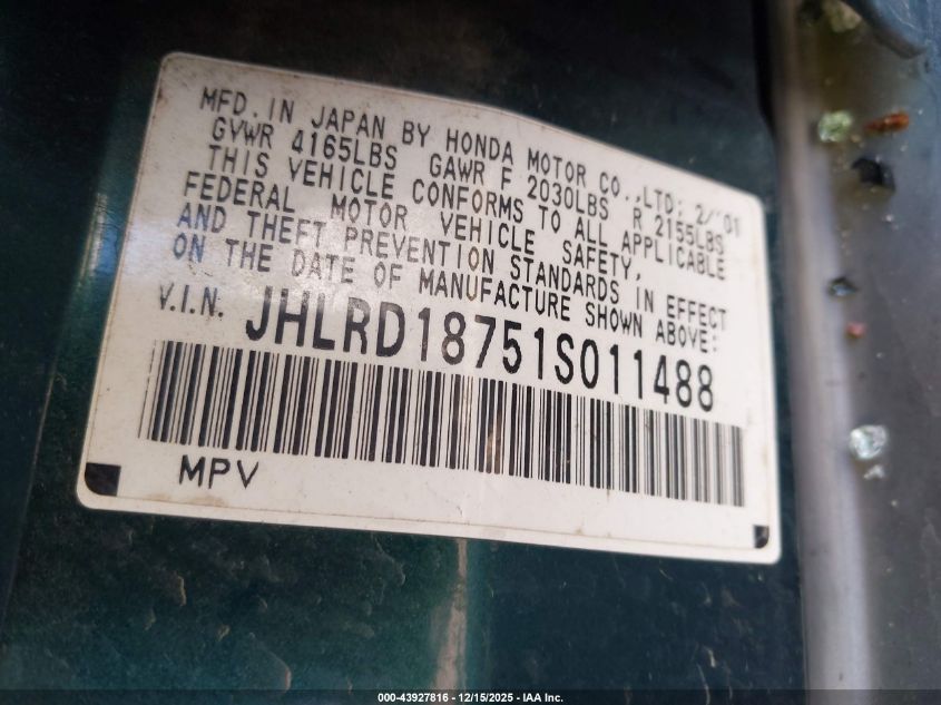 2001 Honda Cr-V Special Edition VIN: JHLRD18751S011488 Lot: 43927816