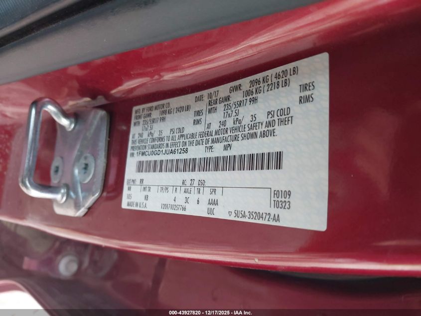 2018 Ford Escape Se VIN: 1FMCU0GD1JUA61258 Lot: 43927820