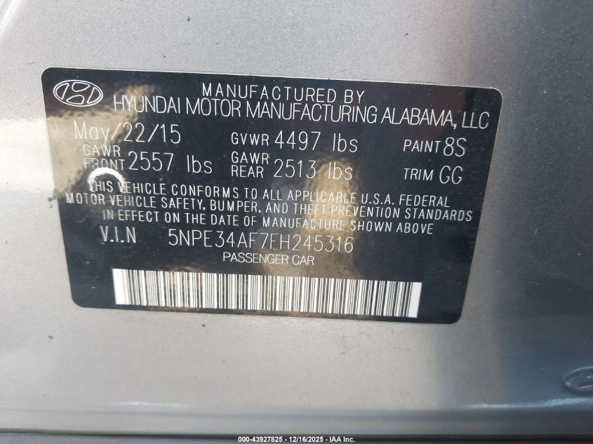 2015 Hyundai Sonata Sport VIN: 5NPE34AF7FH245316 Lot: 43927825