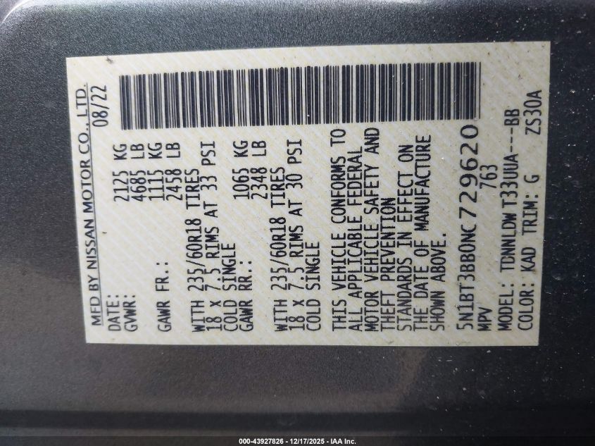 2022 Nissan Rogue Sv VIN: 5N1BT3BB0NC729620 Lot: 43927826