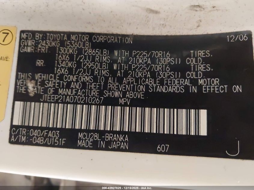 2007 Toyota Highlander V6 VIN: JTEEP21A070210267 Lot: 43927829