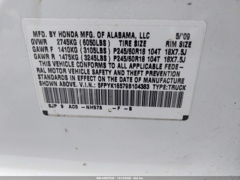 2009 Honda Ridgeline Rtl VIN: 5FPYK16579B104383 Lot: 43927830