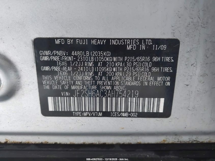 2010 Subaru Forester 2.5X VIN: JF2SH6AC3AH754219 Lot: 43927833
