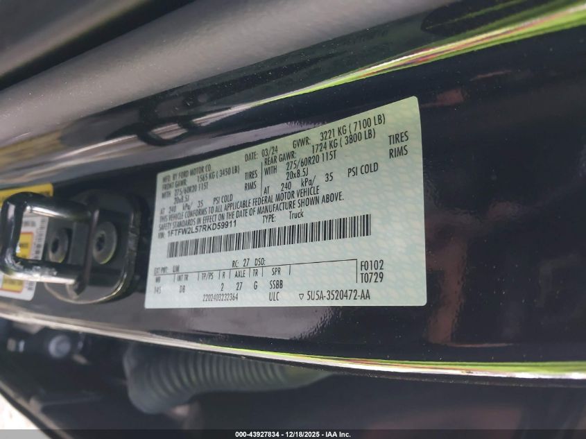 2024 Ford F-150 Stx VIN: 1FTFW2L57RKD59911 Lot: 43927834